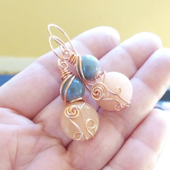 Ultra Feminine! Wire Wrapped Stone Dangle Earrings! Apricot Smoky Blue & Copper - Picture 1 of 10
